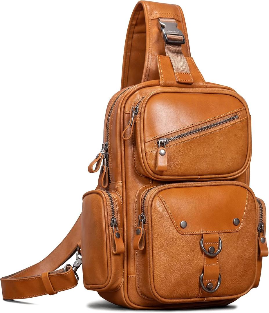 Genuine Leather Sling Bag for Men Large Crossbody Shoulder Bag Casual Sling Backpack Anti-Theft Travel Chest Purse (Tan)