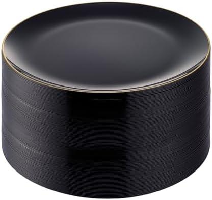 Bestluck 100 PCS Black Gold Plastic Plates, 10 inch Black Disposable Plates for Party, Plastic Dinner Plates for Party, Graduation, Birthday, Wedding