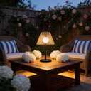 Solar Powered Table Lamp, Rattan Wicker Shade, Khaki Color, PP and Iron Material, Garden Courtyard Lawn Decor, 8.66 x 15.94 Inches