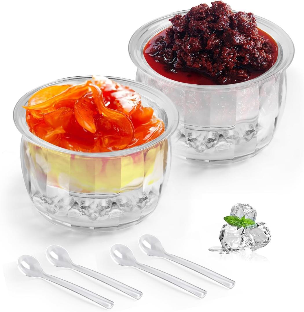 Chilled Dip Bowl Set with Ice for Serving, 2 Pack Ice Chiller Bowl with 4 Spoons for Chilled Pasta, Potato, Dressing, Fruit and Party