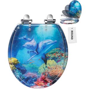 Angol Shiold Round Ocean Resin Toilet Seat Slow Close Quick Release Metal Zinc Alloy Hinge Easy to Install also Easy to Clean, Decorative Acrylic Seats (16.5 Inch, Blue Dolphins)