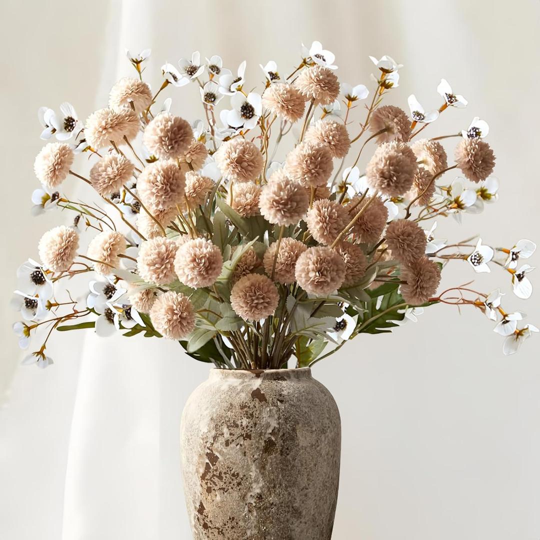 ASTRYAS 10Pcs Beige Artificial Flowers +Small Flowers Fake Mums Floral Stem, Silk Mini Faux Kiku Flower Bulk Pom Pom Chrysanthemum Floral Arrangements for Vase Home Wedding Modern Farmhouse Decor