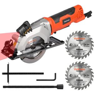 4Amp 3500RPM Mini Circular Saw with Laser Guide, Vacuum Adapter, Blade Wrench and Rip Guide, Max. Cutting Depth1-5/8"(90), 1-1/10"(45Compact Saw with 2 pcs 4-1/2" 24T TCT Blades
