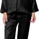 SWOMOG Long Sleeve Pajamas Set Silk Satin Sleepwear Button Down Pjs Loungewear with Pocket (Black, M)