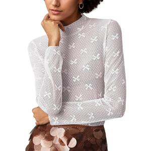 Women Lace Mesh Bow Top Long Sleeve Mock Neck See Through Shirt Polka Dot Embroidered Sheer Layering Tops (White, XL)
