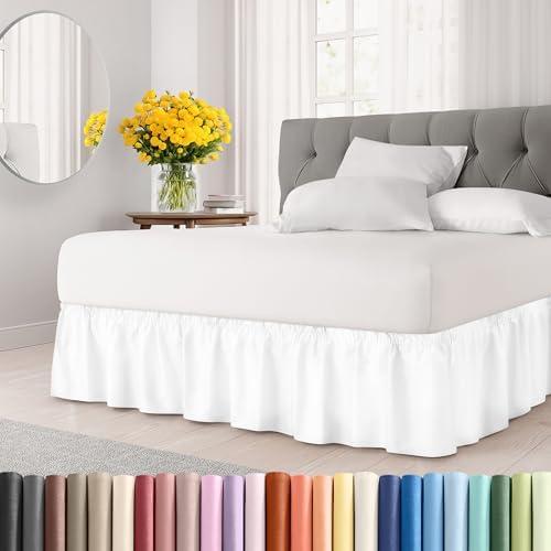 Wrap Around Dust Ruffle Bed Skirt - Light Grey - for Queen Size Beds with 18 Inch Drop - Elastic Strap - Adjustable Pleated Bedskirt with Brushed Fabric and Wrinkle Free - For Women, Men, Kids & Teens (White)