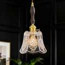 Modern Clear Pendant Light Brass Finish Hanging Lamp Fixture with Patterned Glass Shade & Walnut Wood Accent Vintage Hanging Lamp for Kitchen Island Dining Room Bedroom (1 Pack)