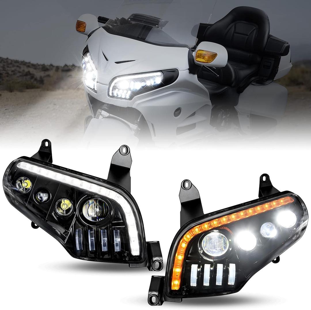LED Headlight Assembly for GoldWing GL1800, LED Headlamp Front Lamp Replacement Set w/High Low Beam DRL Water Flowing Turn Signal Light for Honda Gold Wing GL1800 2001-2018 (2 PCS)