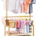 Kids Clothing Rack Bamboo with 2 Storage Baskets and 2 Adjustable Hanging Rods,Child Garment Holder with Shelf, Dress up Racks for Playroom,Toddlers Bedroom (Natural)