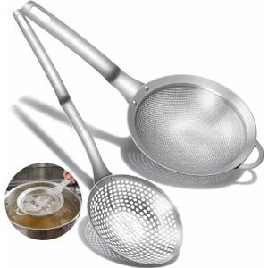 Kifmurase 2PCS Spider Strainer Skimmer Spoon Set Fine Mesh Stainless Steel Sieve Skimmer Ladle Colander with Handle, Large Hole Slotted Colander Frying Spoons for Kitchen Cooking Filter Food Residues