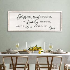 Surfapans Bless the Food Before Us Wall Decor, 40"X15" Farmhouse Dining Room Family Kitchen Sign, Christian Bible Verse Scripture Vintage Home Framed Wood Wall Art (White)