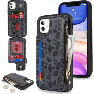 Cavor for iPhone 11 Case with Card Holder,for iPhone 11 Wallet Case for Women Men,Phone Case for iPhone 11 Case with Wallet,Leather Magnetic Clasp Zipper Pocket Cover-Leopard Black