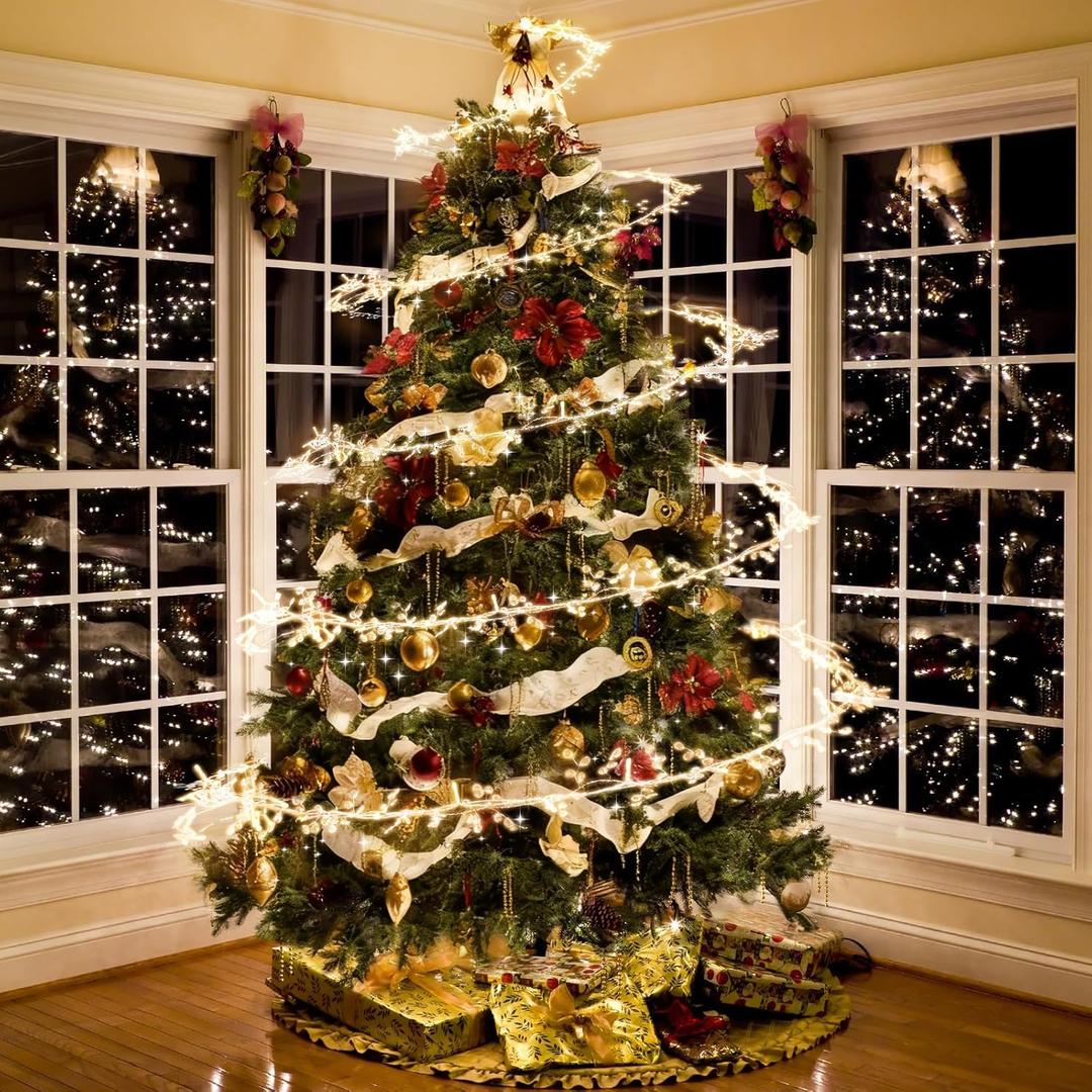 Tuanse 32.8 ft Christmas Tree Crystal Garland with 100 LED Lights Battery Operated Hanging Crystal Garland Strands with Bendable Metal Wire for Xmas Tree DIY Wreath Wedding Party Decor