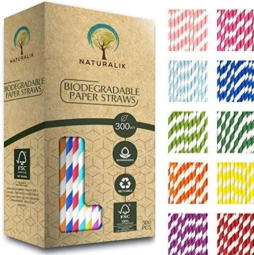 Naturalik 300-Pack Multi-Color Extra Durable Paper Straws - Biodegradable Premium Paper Straws for Juices, Restaurants and Party Decorations, 7.7" (Multicolor, 300)