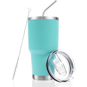 Toopify 30 oz Stainless Steel Insulated Tumbler Travel Mug with Straw Slider Lid, Cleaning Brush, Double Wall Vacuum (30 Mint)