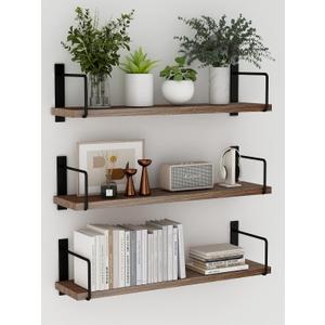 Floating Shelves - 24 Inch Wall Mounted Set of 3 Rustic Wood Shelves for Wall Decor and Living Room Storage (Brown)