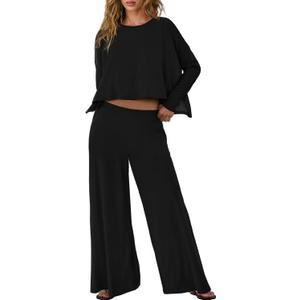 Panadila Womens Oversized Lounge Sets 2 Piece Matching Pajama Sets Long Sleeve Crop Top and Wide Leg Pants with Pockets (Black, L)