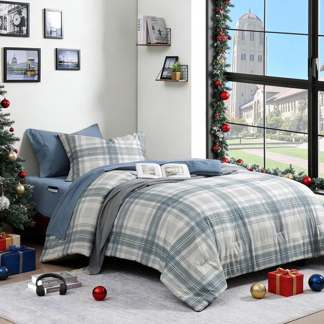 Twin XL Comforter Set, Blue Grey Plaid Bedding Set 5 Piece for Boys Girls Teen, Classic Homestead-Style Kids Comforter Set Bed in A Bag with Sheets, Pillowcase & Sham