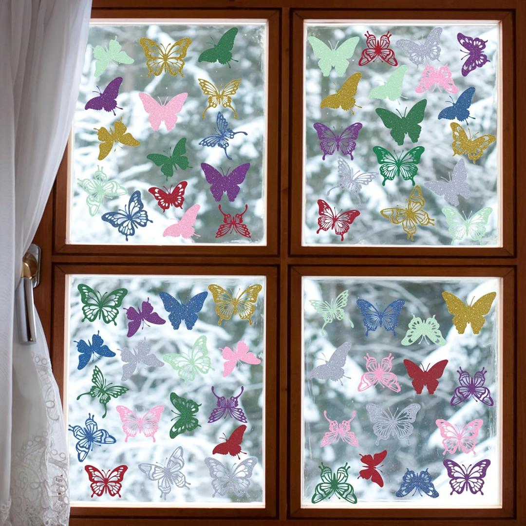 64PCS Butterfly Window Clings, Single-Sided Colorful Butterflies Stickers Reusable to Prevent Bird Strikes, Non-Adhesive Static Butterfly Cling Stickers for Home Window Door