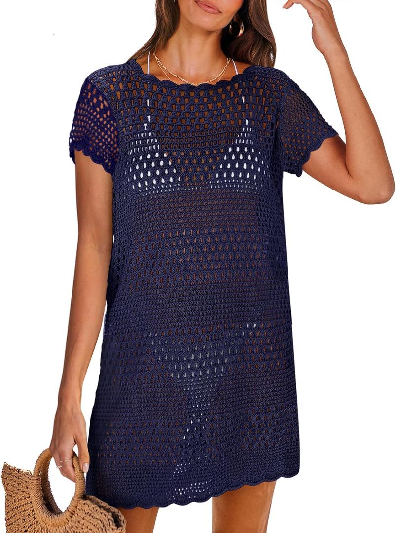 ANRABESS Swimsuit Cover Up for Women 2026 Crochet Bathing Suit Swimwear Mesh Knit Beach Dress Summer Vacation Clothes (Small, Navy Blue)