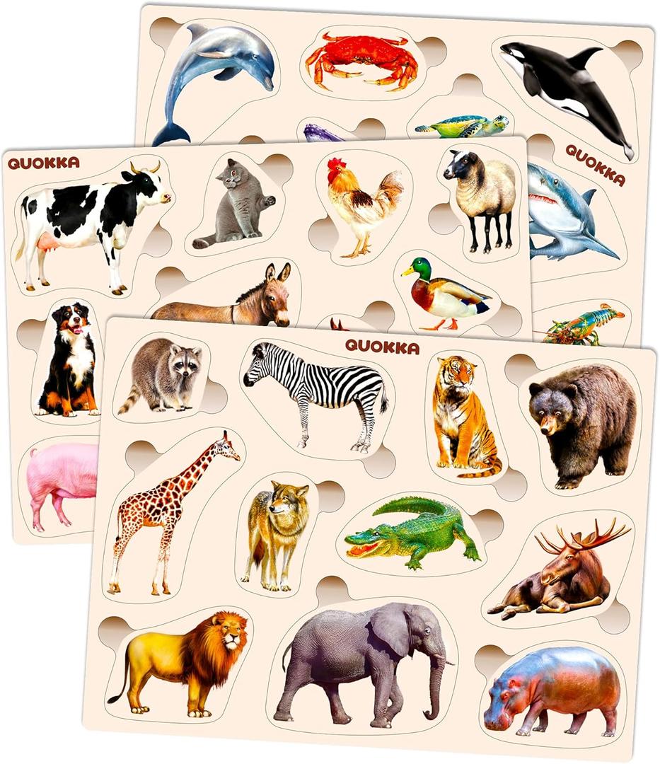 QUOKKA Wooden Puzzles for Toddlers 1-3  3xSET Toddler Puzzles Ages 2-4  Montessori Animal Toy Puzzle for Toddlers 3-5 Year Old  Wood Toy Learning Realistic Animals for Boy and Girl
