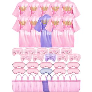 Bokon 40 Pcs Girls Spa Party Supplies 10 Birthday Squad Princess Robe 10 Tote Bags 10 Headbands 10 Spa Masks for Birthday (12, Pink, Light Purple)