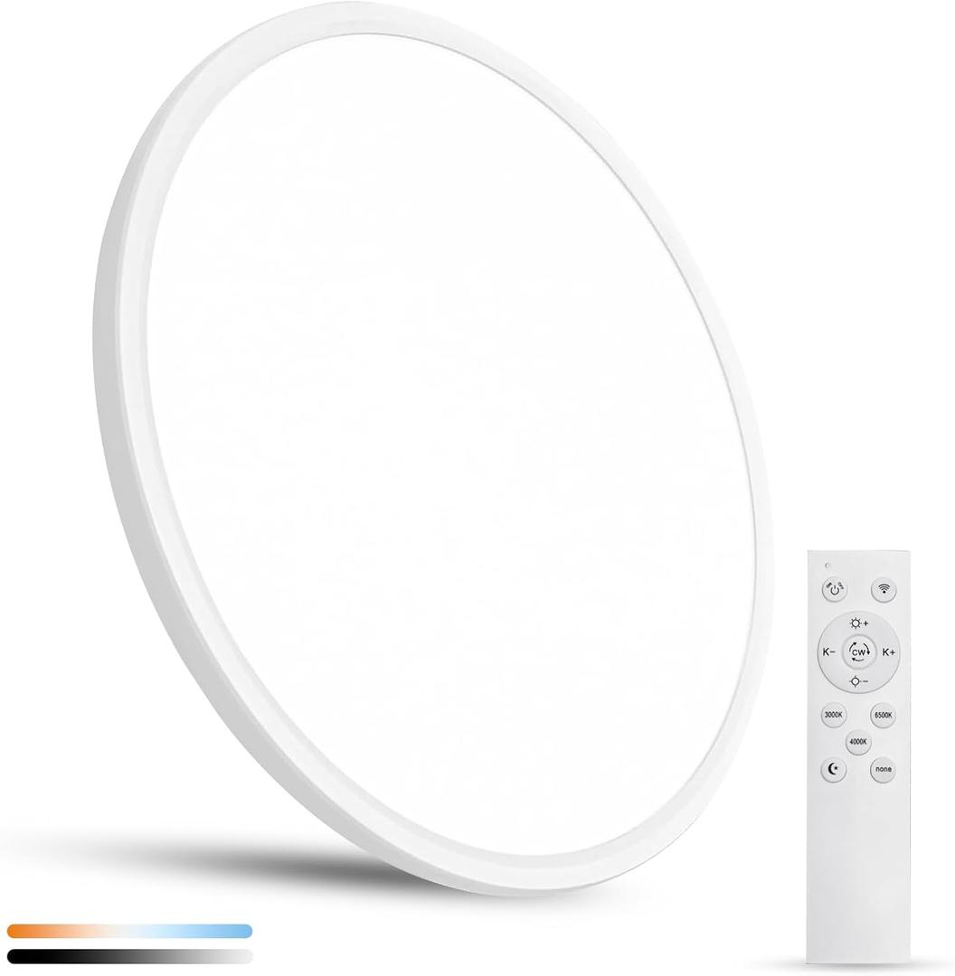 20 Inch Dimmable Large LED Flush Mount Ceiling Light, 43W, 3200LM, 3000K-6500K Stepless CCT, Dimmable with Remote Ceiling Light, Round Flat Panel Fixture for Living Room, Bedroom,Kitchen (White)