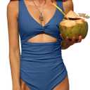 Charmo Womens One Piece Swimsuit Ruched Tummy Control High Cut Backless V Neck Bathing Suits Swimwear (Medium, 2b# Blue Gray)
