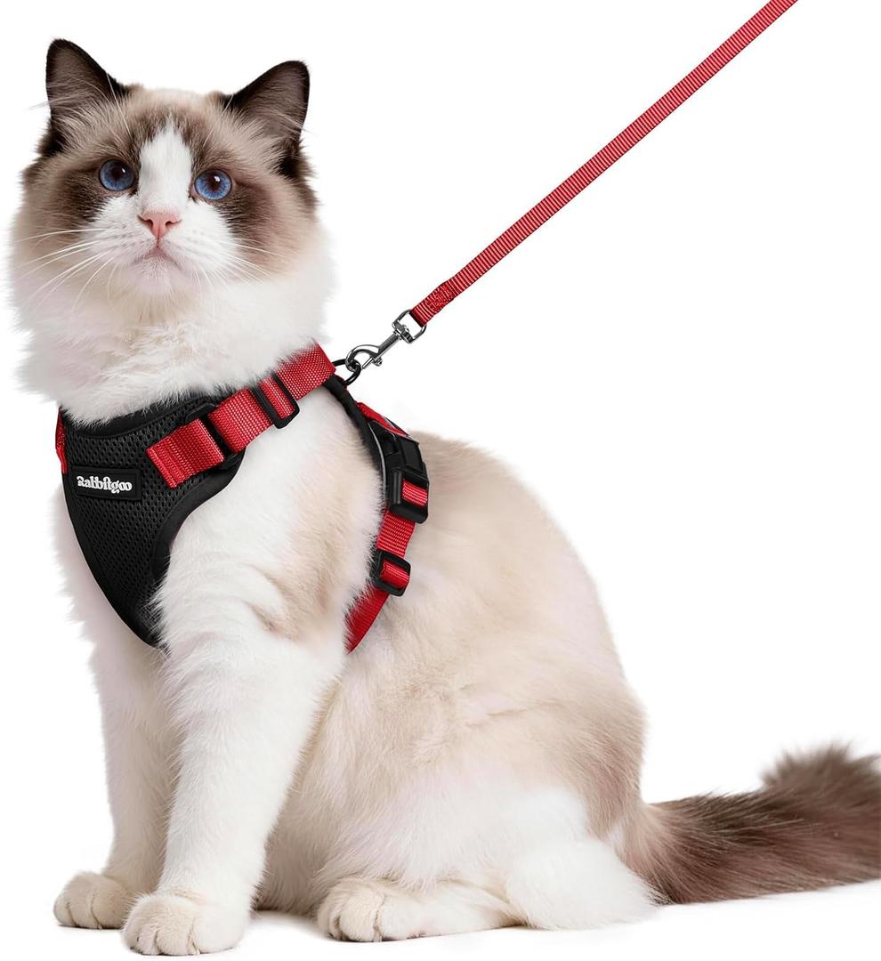 rabbitgoo Cat Harness and Leash for Walking, Escape Proof Soft Adjustable Vest Harnesses for Cats, Easy Control Breathable Reflective Strips Jacket, Black & Red, Medium