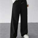 Women's Wide Leg Pants Straight Drawstring Elastic Waisted Baggy Mid Rise Casual Trousers, Size: Small