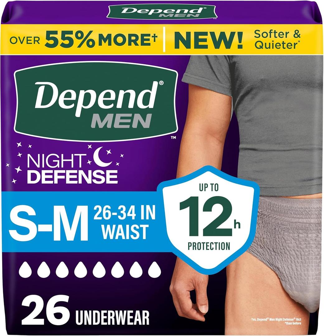 Depend Night Defense Adult Diapers, Incontinence Underwear for Men, Disposable, Overnight, Small/Medium, Grey, 26 Count