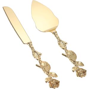 Gold Cake Knife and Server Set, Cake Pie Pastry Servers Rose Shape Handle Vintage Cake Serving Set for Wedding Birthday Parties Anniversary Christmas and Events
