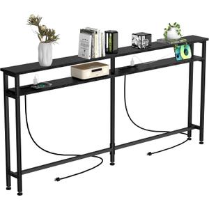 70 Inch Double-Layer Narrow Console Sofa Table with 2 Power Outlets &4 AC Plugs&4 USB Ports, 4.9' Extension Cord Included, Behind Couch Table for Living Room/Office Easy Assembly - Black