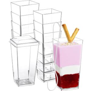 SHOPDAY 3 oz Mini Dessert Cups with Lids and Spoons 100 Pack, Small Plastic Dessert Cup for Party, Clear Square Cup for Parfait Yogurt Shooter Tumbler Appetizers Jello Mousse