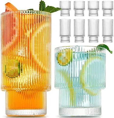 Small 7  Pack Drinking Glasses, 4pcs Highball Glasses (11oz) & 3pcs Rocks Glasses (6oz), Vintage Glass Cups, Elegant Ribbed Glassware, Iced Coffee Glasses, Glass Tumbler for Cocktail, Whiskey, Juice