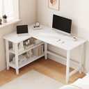 IOTXY 45" Reversible L-Shaped Office Desk with Storage Shelves, White | Solid Rubberwood Legs, 0.6" MDF Desktop, Reversible 2-tier Shelves, Compact Corner Computer Table for Small Spaces