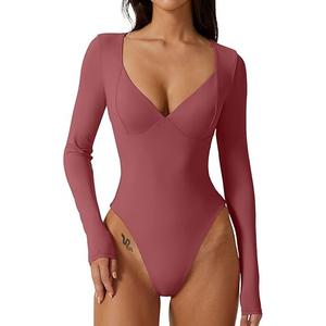 QINSEN Women's Long Sleeve Bodysuit V Neck Body Suits Seamed Cup Going Out Tops Shirt
, Size S-M