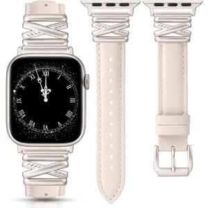 Minyee Leather Band Compatible with Apple Watch 42/41/40/38/44/45/46/49mm Women,Dressy Slim Premium Leather Strap with Designer X-Shape Metal Buckle for iWatch Series 11 10 9 8 7 6 5 4 SE/Ultra 3 2 1