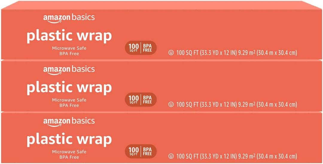 Amazon Basics Plastic Food Wrap, BPA Free, Microwave Safe with Tight Seal, 300 Sq Ft, Pack of 3, 100 Sq Ft Rolls