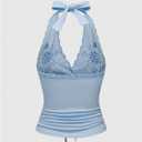OYOANGLE Women's Y2k Halter Tank Tops Floral Embroidery Bow Lace Trim Ruched Fitted Sleeveless Going Out Top (Blue, L)