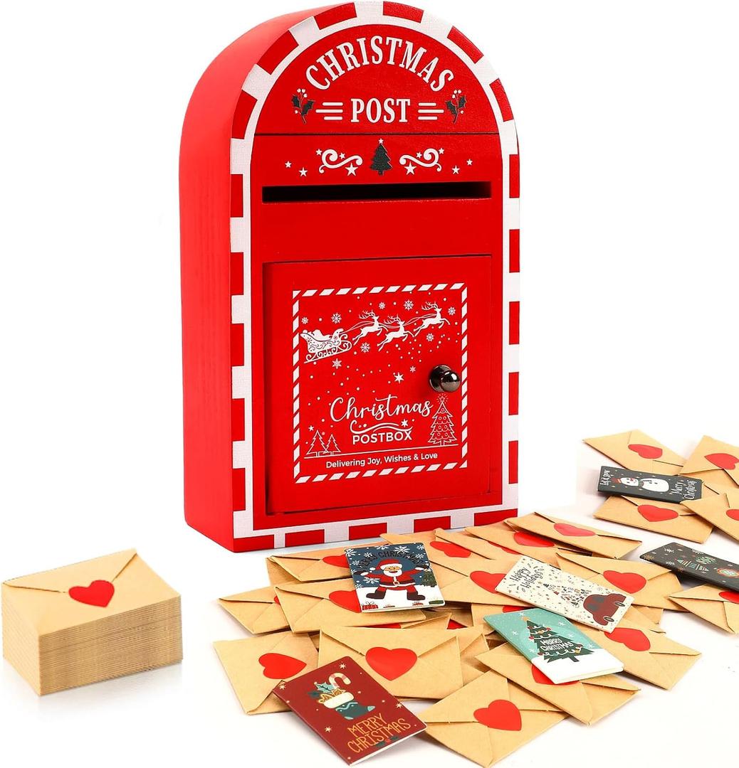 Christmas Postbox with 30 Mini Greeting Cards and Envelopes, Holiday Love Postbox for Couples & Family, Cute Xmas Gift for Friends, Letters to Santa