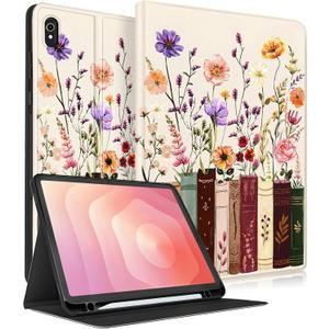 for Samsung Galaxy Tab S11 Case - Smart Folio Cover with Build-in Pencil Holder Women Girls Cute Design for Samsung S11 Tablet Case 11 Inch (SM-X730/X736/X736B) Cover,Painting Flowers (Bookshelf Floral)