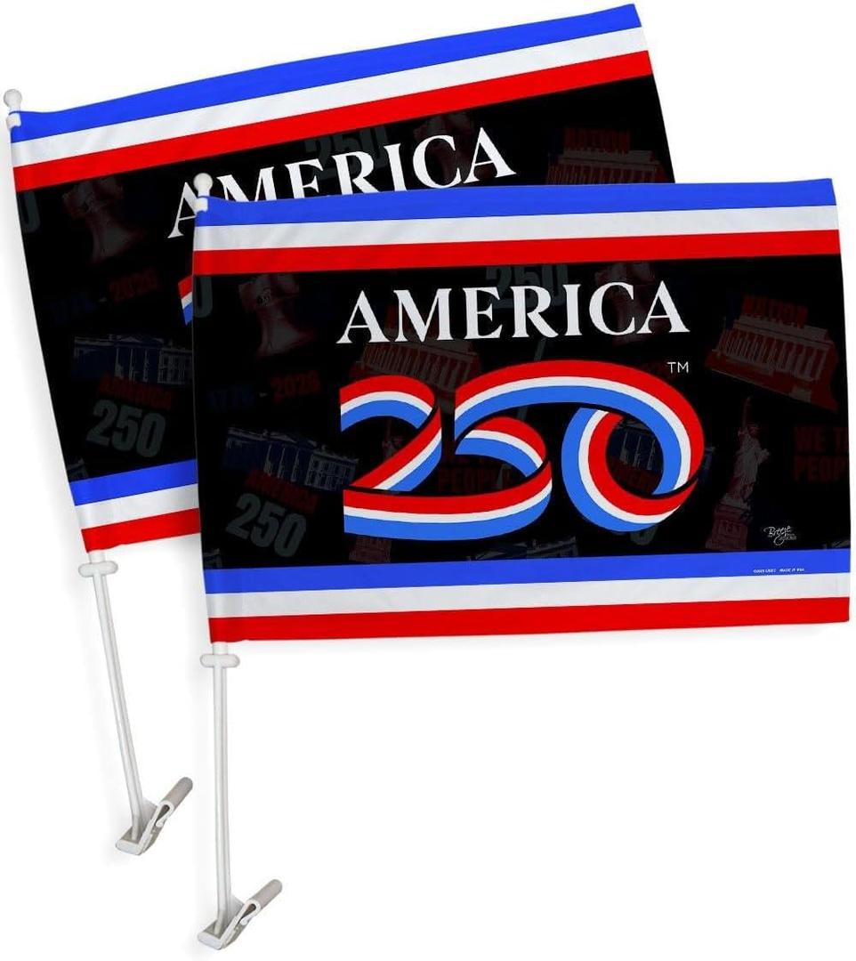 America 250th Flag For Car Post Outdoor 2 PCS Pack Official Licensed Independence Day Bandera Para Carros Poster United States Sign For Cars Window Decor USA 250 Years Anniversary Merchandise