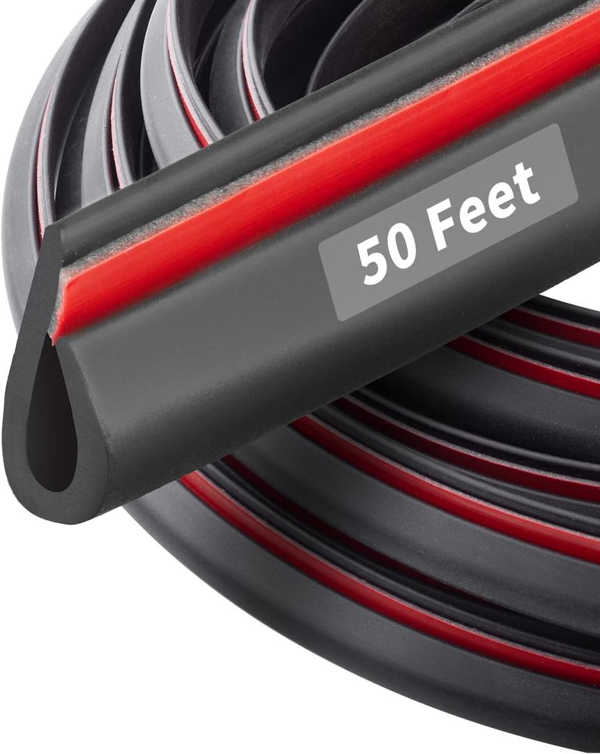 50 Feet Rubber Edge Trim Seal Strip, BISOTHAI Self-Adhesive Rubber U Channel Weather Stripping for Car Doors, Hatches, and Glass, Steel Plates, Easy Cut to Size(Black)