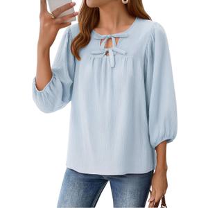 Womens Tops 3/4 Puff Sleeve Bow Tie Front Spring Easter Shirts Dressy Casual Elegant Flowy Loose Babydoll Blouses (Blue, XL)
