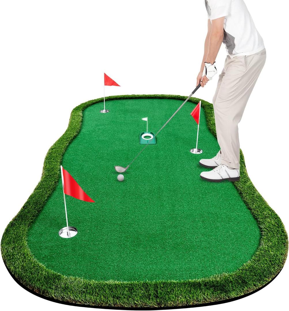 Golf Putting Green Indoor Outdoor Putting matt Professional Training Mat Practice Putting Mat with 3 Flags 1 Movable Cup 2 Slope Pad 5x10ft