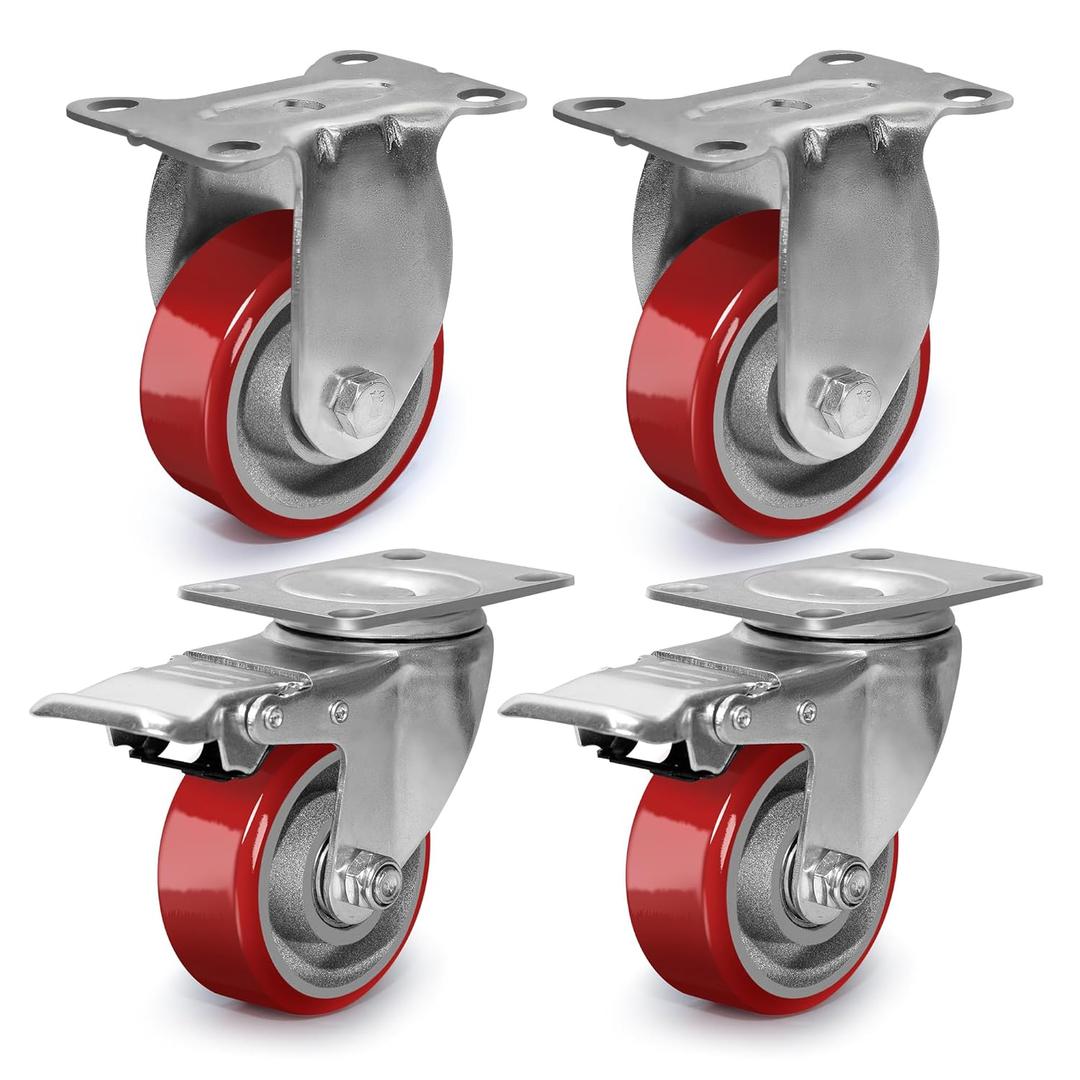 3 Inch Caster,Load 1400 Lbs,Polyurethane Steel Wheels,Heavy Duty Caster Wheels Set of 4,Swivel Wheels with Brake and Fixed Wheel for Trolleys,Transport Materials,Toolboxes(2Brake&2Rigid)