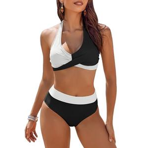 AI'MAGE Women's High Waisted Bikini Sets Tummy Control Swimsuits 2026 Two Piece Bathing Suits Color Block HalterSwim Suits, Black and White, S