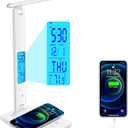 Desk Lamp with Wireless Charger USB Charging Port, Dimmable Office Desk Light with Clock, Alarm, Date, Temperature, Foldable Lamp for Table Bedroom Bedside Office (White, Standard Size-13.3 inch)