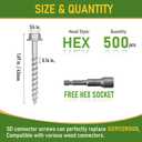 #9 x 1-1/2" SD Connector Screws, 500 pcs 1/4" Hex Drive Heavy-Duty Joist Hanger Screws for Decking,Framing, and Wood-to-Wood Connections, Mechanical Galvanized